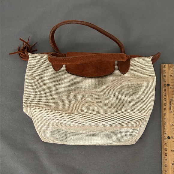 Vintage Longchamp Paris Cream Canvas Tote with Brown Suede Trim and Tassel - Picture 11 of 13